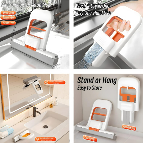 Foldable Mini Mop | Portable Desktop Wet & Dry Cleaning Mop | Self‑Squeezing